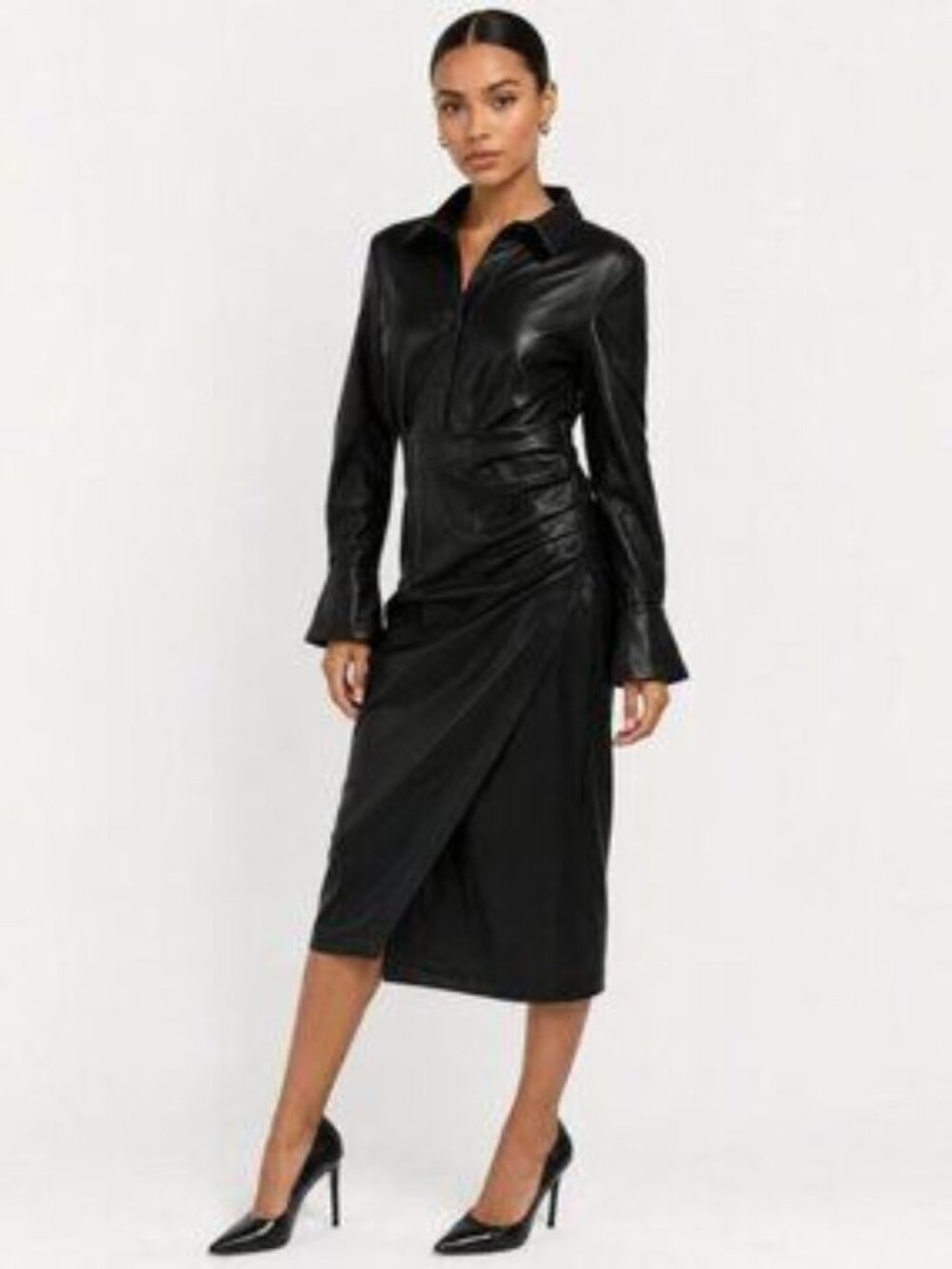 7 For All Mankind Black Faux Leather Long Sleeve midi wrap dress